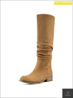 Faux Suede Knee High Boots Slouch Pointed Toe Low Heel Side Zip